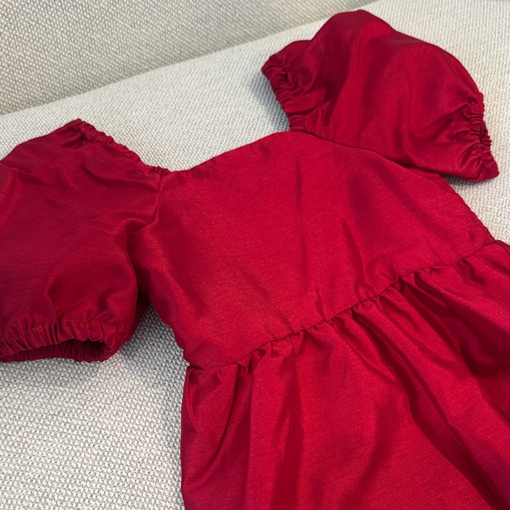 Dupioni Silk Style Red Girls Holiday Dress with Puff Sleeves